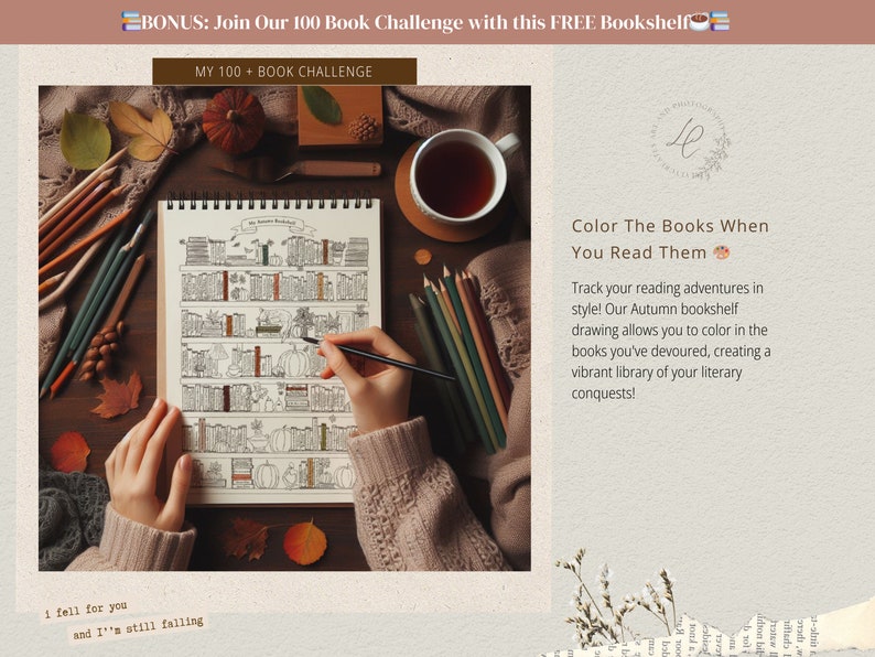 May include: A hand colors in a black and white illustration of a bookshelf filled with books. The illustration is on a white sheet of paper with a spiral binding. The hand is holding a black pencil. The background is a wooden table with a cup of tea, pencils, and fall leaves.