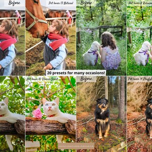 May include: A collage of 20 different photo presets for pet lovers. The presets are shown in pairs, with the "before" image on the left and the "after" image on the right. The presets include a variety of styles, from natural to playful to relaxing. The text "20 presets for many occasions!" is displayed in the center of the collage.