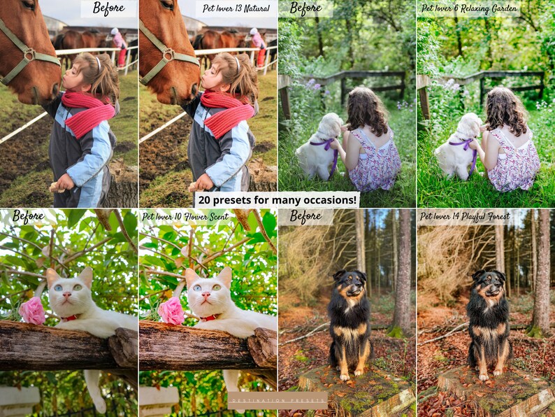 May include: A collage of 20 different photo presets for pet lovers. The presets are shown in pairs, with the "before" image on the left and the "after" image on the right. The presets include a variety of styles, from natural to playful to relaxing. The text "20 presets for many occasions!" is displayed in the center of the collage.