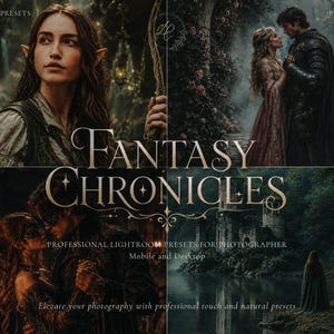 May include: A digital collection of Lightroom presets titled Fantasy Chronicles, featuring four distinct fantasy-themed photographic scenes including an elf with a bow, a couple in a garden, a masked pair dancing, and a glowing deer near a castle.