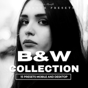 May include: Black and white photo of a woman with long hair. The text "B&W COLLECTION 15 PRESETS MOBILE AND DESKTOP" is superimposed on the image.