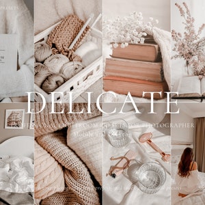 May include: A set of Lightroom presets for photographers, called "Delicate", with a soft, muted color palette. The presets are designed for mobile and desktop use. The image shows a variety of scenes, including a cozy bedroom, a stack of books, and a bouquet of flowers.