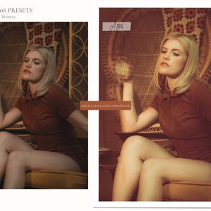 Puede incluir: Imagen antes y despu&eacute;s que muestra a una mujer sentada en una silla de mimbre con una camisa de cuello marr&oacute;n. La imagen de la derecha tiene un filtro vintage aplicado.