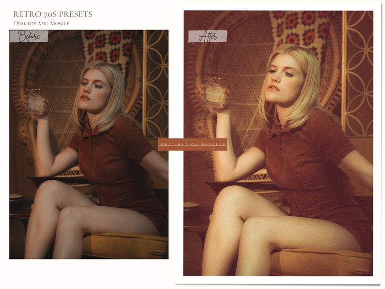 Puede incluir: Imagen antes y despu&eacute;s que muestra a una mujer sentada en una silla de mimbre con una camisa de cuello marr&oacute;n. La imagen de la derecha tiene un filtro vintage aplicado.