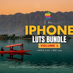 Pode incluir: Um gráfico digital apresentando um barco vermelho em um lago calmo com montanhas ao fundo. O texto diz: The IPHONE LUTS BUNDLE -VOLUME 1- -APPLE LOG + REC.709- com um logotipo de maçã arco-íris e texto sobre gradação de cor profissional.