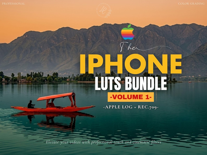 May include: A digital graphic featuring a red boat on a calm lake with mountains in the background. Text reads: The IPHONE LUTS BUNDLE -VOLUME 1- -APPLE LOG + REC.709- with a rainbow apple logo at the top and professional color grading text.