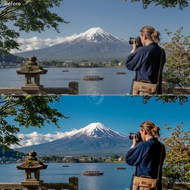 May include: A split-screen comparison showing a photographer with a camera and a tan shoulder bag, capturing a view of Mount Fuji across a lake with boats and a stone lantern. The top image is labeled Before, and the bottom image is labeled After.