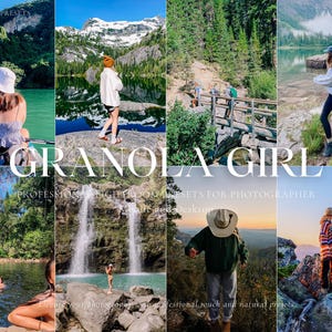以下が含まれることがあります： 「GRANOLA GIRL」と「PROFESSIONAL LIGHTROOM PRESETS for PHOTOGRAPHER Mobile and Desktop」のテキストが入った、屋外風景写真のコラージュ。風景、滝、自然を楽しむ人々の画像が含まれています。
