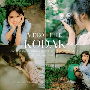 May include: A collage featuring four images with a vintage aesthetic. The central text reads "VIDEO FILTER KODAK." The images show a person with a camera, and other images of a person in various outdoor settings. The text also mentions "Mobile and Desktop."