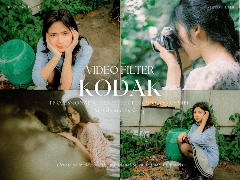May include: A collage featuring four images with a vintage aesthetic. The central text reads "VIDEO FILTER KODAK." The images show a person with a camera, and other images of a person in various outdoor settings. The text also mentions "Mobile and Desktop."