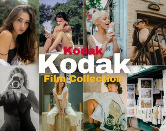 Könnte beinhalten: Eine Collage mit Bildern im Vintage-Film-Look. Das Wort "Kodak" ist prominent in Rot und Weiß dargestellt, mit "Film Collection" in Gelb. Die Bilder zeigen Menschen in verschiedenen Umgebungen, was auf ein Thema im Bereich Fotografie oder Film hindeutet.