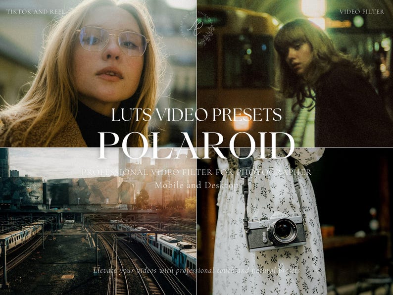 May include: A collage of images showcasing a set of video filter presets called "Polaroid". The presets are designed to give videos a vintage, Polaroid-like look. The images show a woman wearing glasses, a woman with a camera, and a train station.