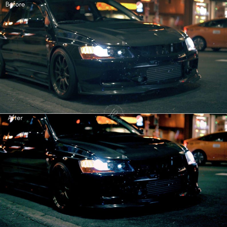 Puede incluir: Un coche deportivo negro se muestra en una imagen de antes y despu&eacute;s. El coche tiene los faros encendidos y est&aacute; estacionado en una calle de la ciudad por la noche. La imagen es oscura, siendo el coche el foco principal.