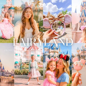 May include: A collage of images with a fairytale theme. Features include a pink castle, children in princess dresses, and women wearing mouse ear headbands. The word "FAIRYLAND" is displayed in white text.