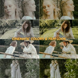 Puede incluir: Un collage de im&aacute;genes con un aspecto cinematogr&aacute;fico. Las im&aacute;genes presentan a personas con ropa vintage, con un enfoque en colores suaves y entornos naturales. El texto "CINEMATIC COLORS & FILM LOOK" est&aacute; superpuesto.