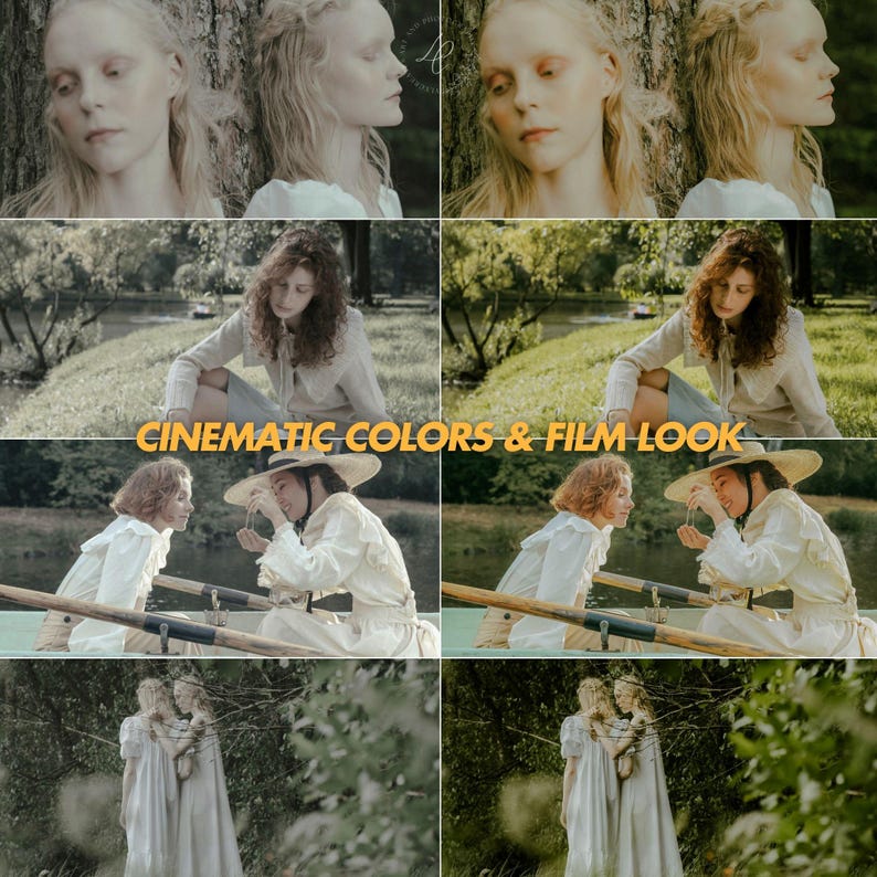 Puede incluir: Un collage de im&aacute;genes con un aspecto cinematogr&aacute;fico. Las im&aacute;genes presentan a personas con ropa vintage, con un enfoque en colores suaves y entornos naturales. El texto "CINEMATIC COLORS & FILM LOOK" est&aacute; superpuesto.