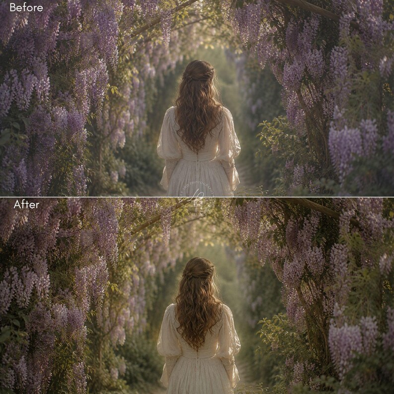 Puede incluir: Una persona con un vestido blanco camina por un sendero bordeado de flores de glicinas moradas. La imagen tiene una calidad suave y on&iacute;rica, con la luz del sol filtr&aacute;ndose a trav&eacute;s de las flores. La escena evoca paz y tranquilidad.
