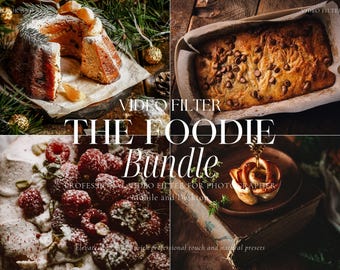 Puede incluir: Una colección de cuatro imágenes que muestran ajustes preestablecidos de fotografía de alimentos. Las imágenes presentan una variedad de productos horneados, que incluyen un pastel bundt, una hogaza de pan, un pastel y un postre con frambuesas. El texto "VIDEO FILTER THE FOODIE Bundle" se muestra en el centro de la imagen.