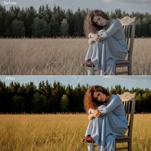 Puede incluir: Una mujer con un vestido largo azul claro est&aacute; sentada en una silla de madera en un campo de hierba alta. El fondo presenta un bosque y un cielo nublado. La imagen est&aacute; dividida, mostrando una edici&oacute;n de foto "antes" y "despu&eacute;s".
