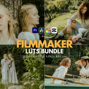 Pode incluir: Uma colagem de imagens com pessoas na natureza, com o texto "FILMMAKER LUTS BUNDLE". As imagens incluem mulheres em vestidos brancos, uma mulher sentada na grama e um barco em um lago. O texto também menciona "SLOG3 APPLE LOG REC709".