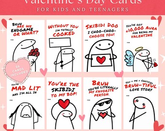 Slang Kids Valentine's Day Cards, Funny Printable Classroom Valentines, Valentines Day Cards for School, Skibidi Valentines, Teen Gen Z