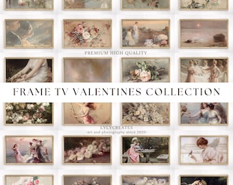 May include: A collection of 12 vintage-style framed art prints featuring romantic and floral themes. The prints are in a light brown frame with a white mat. The prints feature images of flowers, angels, and couples. The text "FRAME TV VALENTINES COLLECTION" is displayed in a banner across the middle of the image. The text "LYLYCREATES -art and photography since 2020- " is displayed below the collection of prints.