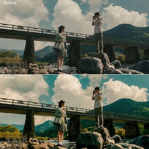 May include: A split-screen comparison showing a person in a green blazer and pleated skirt holding a tote bag, standing near a person on a rock taking a photograph with a camera. The scene features a bridge, mountains, and a cloudy blue sky.