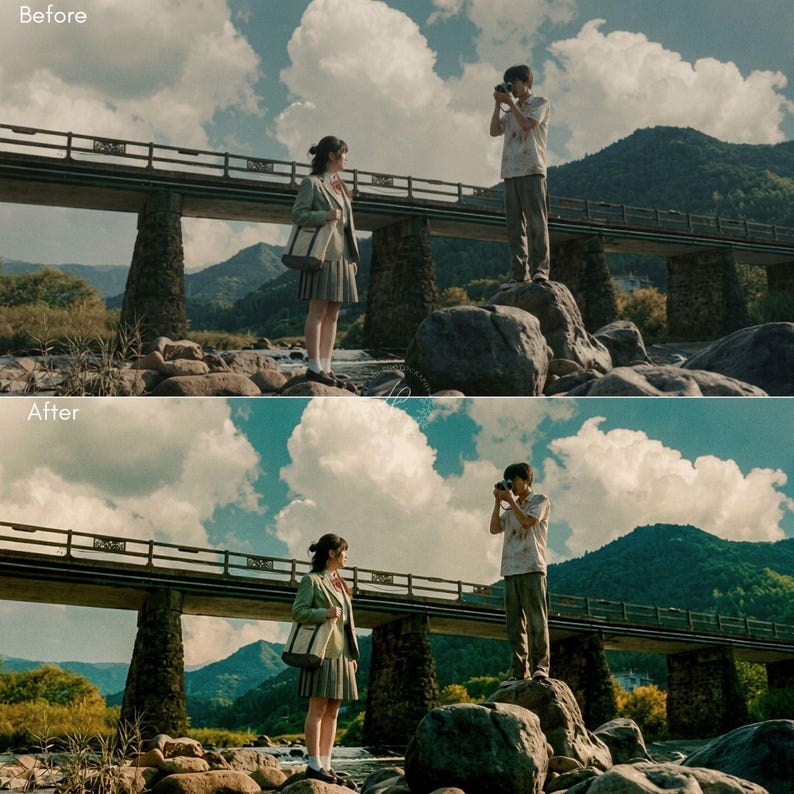 May include: A split-screen comparison showing a person in a green blazer and pleated skirt holding a tote bag, standing near a person on a rock taking a photograph with a camera. The scene features a bridge, mountains, and a cloudy blue sky.