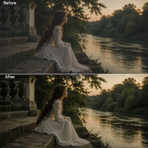 Puede incluir: Una persona con un vestido blanco largo se sienta en escalones de piedra, mirando un r&iacute;o al atardecer. El vestido tiene mangas largas y una falda fluida. La escena est&aacute; ba&ntilde;ada en una c&aacute;lida luz dorada, con &aacute;rboles bordeando la orilla.