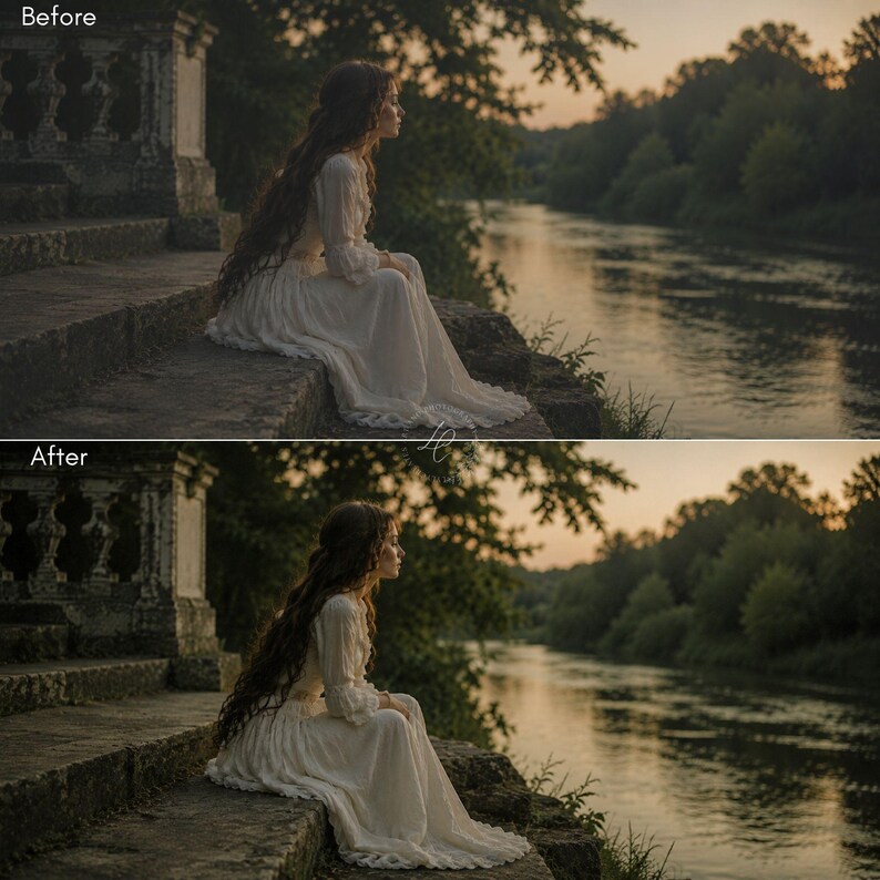 Puede incluir: Una persona con un vestido blanco largo se sienta en escalones de piedra, mirando un r&iacute;o al atardecer. El vestido tiene mangas largas y una falda fluida. La escena est&aacute; ba&ntilde;ada en una c&aacute;lida luz dorada, con &aacute;rboles bordeando la orilla.