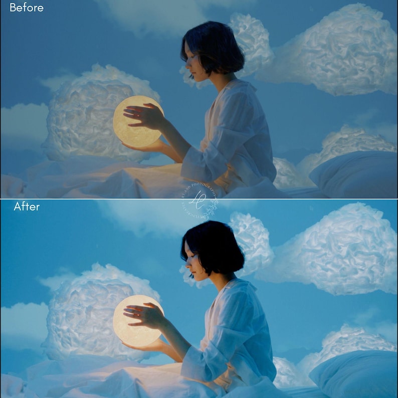 May include: A split-screen comparison labeled Before and After showing a person with short dark hair wearing a white long-sleeved shirt, sitting among white clouds and holding a glowing spherical moon lamp that illuminates the scene.