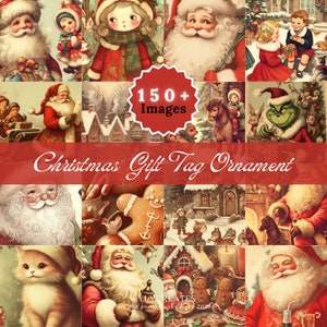 150 étiquettes pour cadeaux de Noël ornement, sublimation PNG, cadeau de Noël vintage, ornement rond, lot de Noël imprimable, Noël fantaisiste