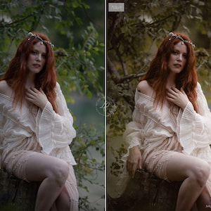 May include: A woman with long red hair wearing a cream-colored, off-the-shoulder dress and a delicate headpiece sits on a tree branch. The image is set in a natural outdoor environment with soft, diffused lighting and a blurred background.