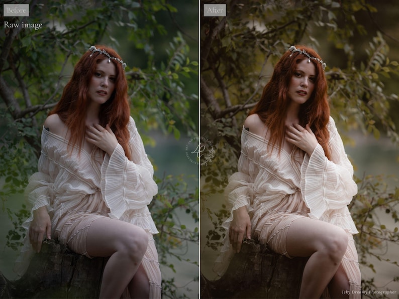 May include: A woman with long red hair wearing a cream-colored, off-the-shoulder dress and a delicate headpiece sits on a tree branch. The image is set in a natural outdoor environment with soft, diffused lighting and a blurred background.