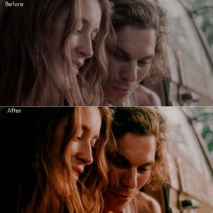 May include: A split-screen image shows a before-and-after comparison. The top half, labeled "Before," depicts a couple with soft lighting. The bottom half, labeled "After," shows the same couple with enhanced color and contrast, creating a warmer, more vibrant look.