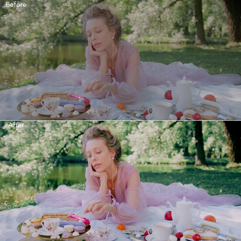Puede incluir: Escena serena al aire libre con una persona con un vestido rosa tumbada sobre una manta blanca. Una bandeja con pasteles, tazas de t&eacute; y una tetera est&aacute;n dispuestas cerca. El fondo presenta un estanque y exuberante vegetaci&oacute;n.