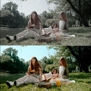 May include: A serene outdoor scene depicts a picnic with three people. One person reads a book, while others relax on a blanket. A wicker basket, food, and drinks are visible. The setting is a grassy area near a body of water, under a tree.