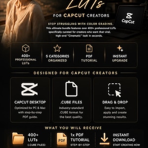 May include: Promotional graphic for Cinematic LUTs for CapCut creators. The image features a woman, a laptop with the CapCut logo, and text highlighting features like 400+ professional LUTs, PDF tutorial, and instant upgrade.