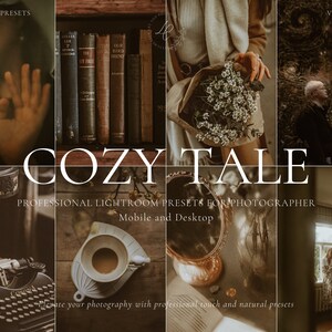 May include: A collection of Lightroom presets called "Cozy Tale" for photographers. The presets are designed to create a warm, cozy, and natural look for photos. The image shows a variety of photos that have been edited with the presets, including a photo of a person holding a bouquet of flowers, a photo of a typewriter, and a photo of a room with a window.
