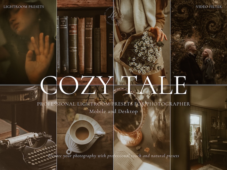 May include: A collection of Lightroom presets called "Cozy Tale" for photographers. The presets are designed to create a warm, cozy, and natural look for photos. The image shows a variety of photos that have been edited with the presets, including a photo of a person holding a bouquet of flowers, a photo of a typewriter, and a photo of a room with a window.