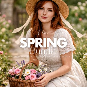 Op de afbeelding: Een vrouw met een strohoed en witte jurk houdt een bloemenmand vast. De afbeelding bevat de tekst "The SPRING Bundle" met de woorden "PROFESSIONAL PRESETS AND VIDEO FILTER FOR PHOTOGRAPHER" en "Mobile and Desktop".