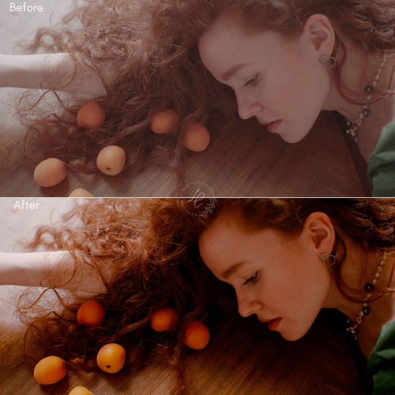 May include: A woman with long, red curly hair and fair skin, lying on a wooden surface. Several orange apricots are scattered around her. The image has a soft, warm color palette, with a focus on natural light and a vintage aesthetic.