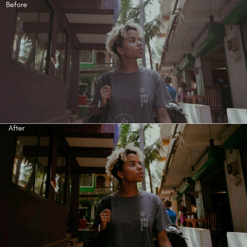 May include: A woman in a gray t-shirt with the text "EPI ZOO" walks down a narrow street. The image is split, showing a "before" and "after" color correction. The buildings are a mix of colors, with green and brown tones.