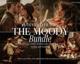 May include: A digital product bundle for video editing called "The Moody Bundle" with a tagline "Professional Video Filter for Photographer - Mobile and Desktop". The image shows a couple, a young girl, and a basket of eggs.