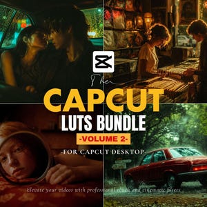 May include: A promotional image for a CapCut LUTS bundle, Volume 2, for desktop use. The image features four scenes with a cinematic aesthetic, including a couple in a car, people in a record store, a person with a mirror, and a red car on a road.