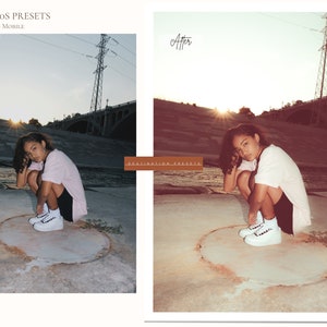 Puede incluir: Imagen antes y despu&eacute;s que muestra un preajuste de edici&oacute;n de fotos. La imagen antes muestra a una persona sentada en una superficie de concreto cerca de un r&iacute;o con un puente en el fondo. La imagen despu&eacute;s muestra la misma escena con un filtro vintage c&aacute;lido aplicado. El texto "DESTINATION PRESETS" es visible en el medio de la imagen.