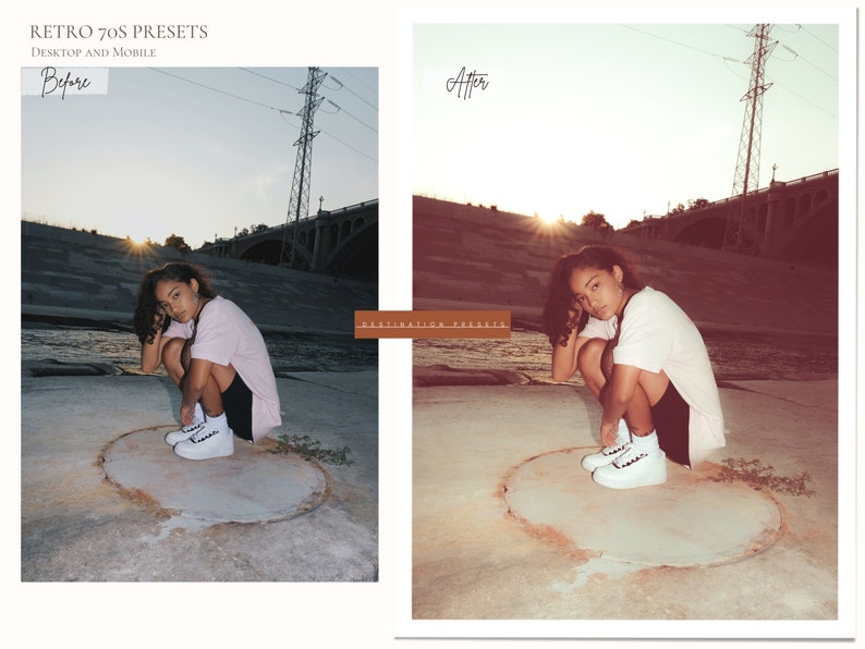 Puede incluir: Imagen antes y despu&eacute;s que muestra un preajuste de edici&oacute;n de fotos. La imagen antes muestra a una persona sentada en una superficie de concreto cerca de un r&iacute;o con un puente en el fondo. La imagen despu&eacute;s muestra la misma escena con un filtro vintage c&aacute;lido aplicado. El texto "DESTINATION PRESETS" es visible en el medio de la imagen.