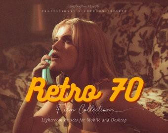 Könnte beinhalten: Ein Retro-Grafikdesign mit dem Text "Retro 70 Film Collection" und "Lightroom Presets for Mobile and Desktop". Das Design zeigt eine Frau am Telefon in einem Vintage-Ambiente.