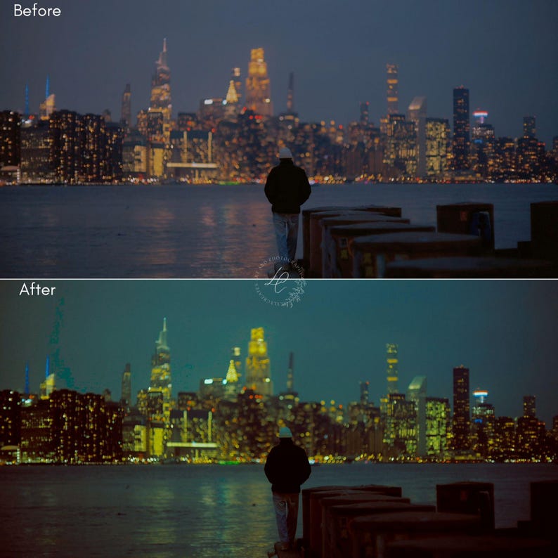 Puede incluir: Imagen dividida que muestra un antes y despu&eacute;s de un paisaje urbano nocturno. La imagen superior es m&aacute;s oscura, la inferior tiene un tinte turquesa. Una persona est&aacute; de pie en un muelle, mirando hacia los edificios iluminados.