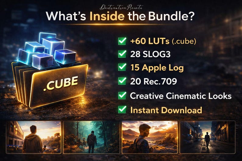 May include: Digital product bundle graphic with the text "What's Inside the Bundle?" and a glowing folder labeled ".CUBE". Includes a list of features: +60 LUTs, 28 SLOG3, 15 Apple Log, 20 Rec.709, Creative Cinematic Looks, and Instant Download.